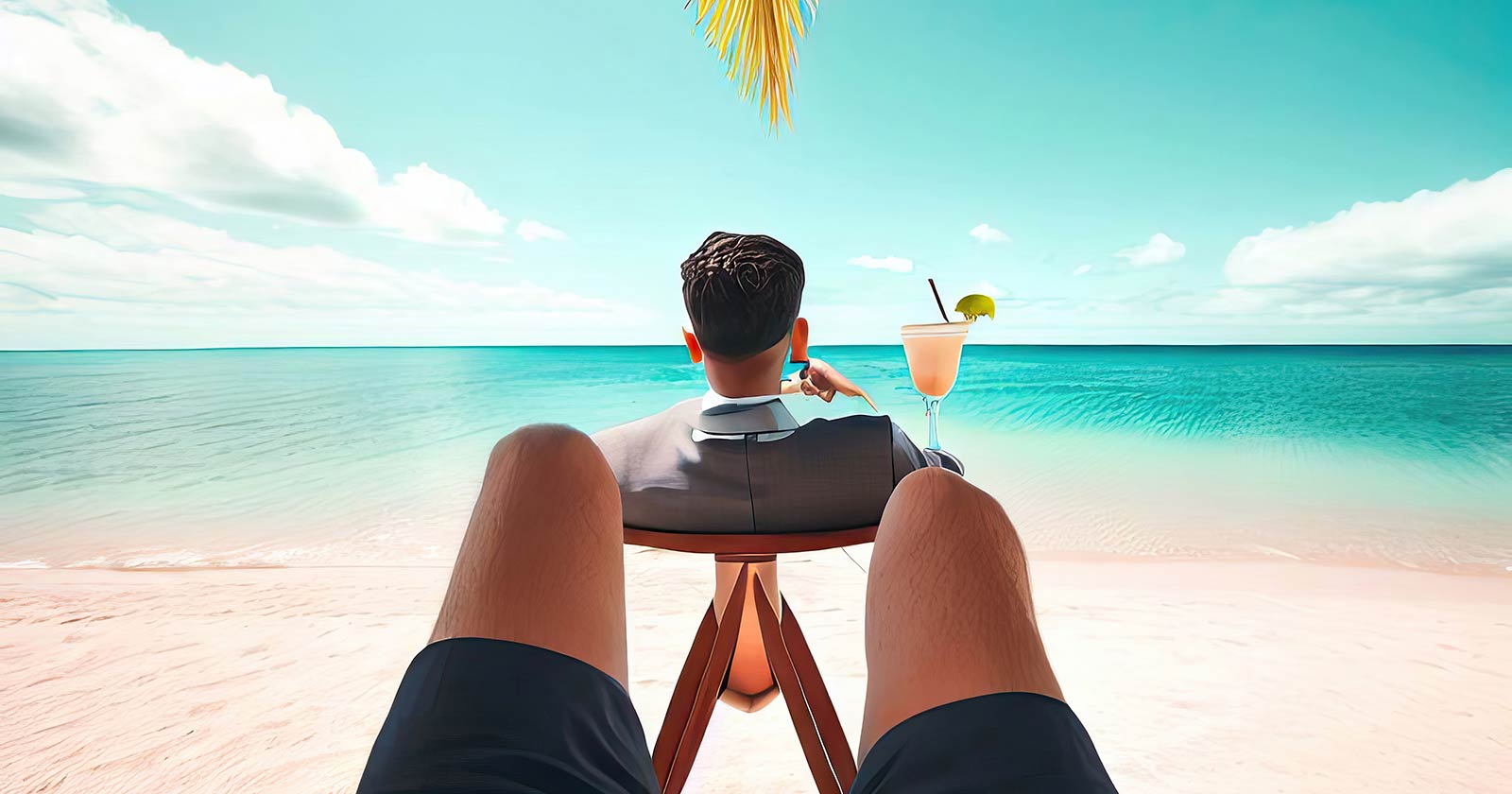 Das Coverfoto zeigt einen Geschäftsmann in kurzen Hosen an einem tropischen Strand als Fotografierenden. Das Foto zeigt seine Beine und vor ihm ein Tisch, auf dem sein eigener Oberkörper steht.