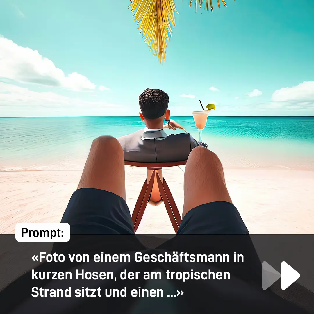 Prompt: "Foto von einem Geschäftsmann in kurzen Hosen, der am tropischen Strand sitzt und einen ..."