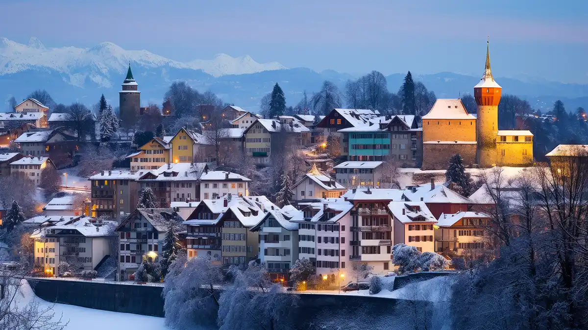 KI-generiertes Bild der Stadt Lenzburg im Winter