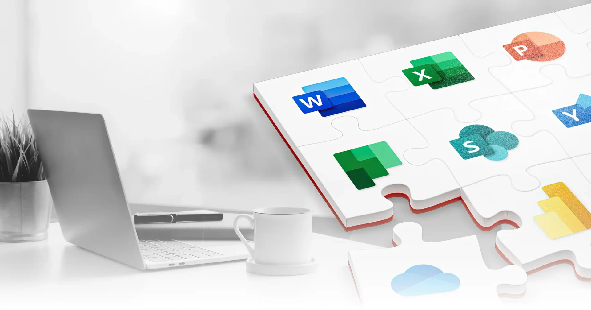 Microsoft 365 Coverbild: Schreibtisch und Collage von Office-Programmsymbolen von Word, Excel, Powerpoint, Planner, Sharepoint, OneDrive