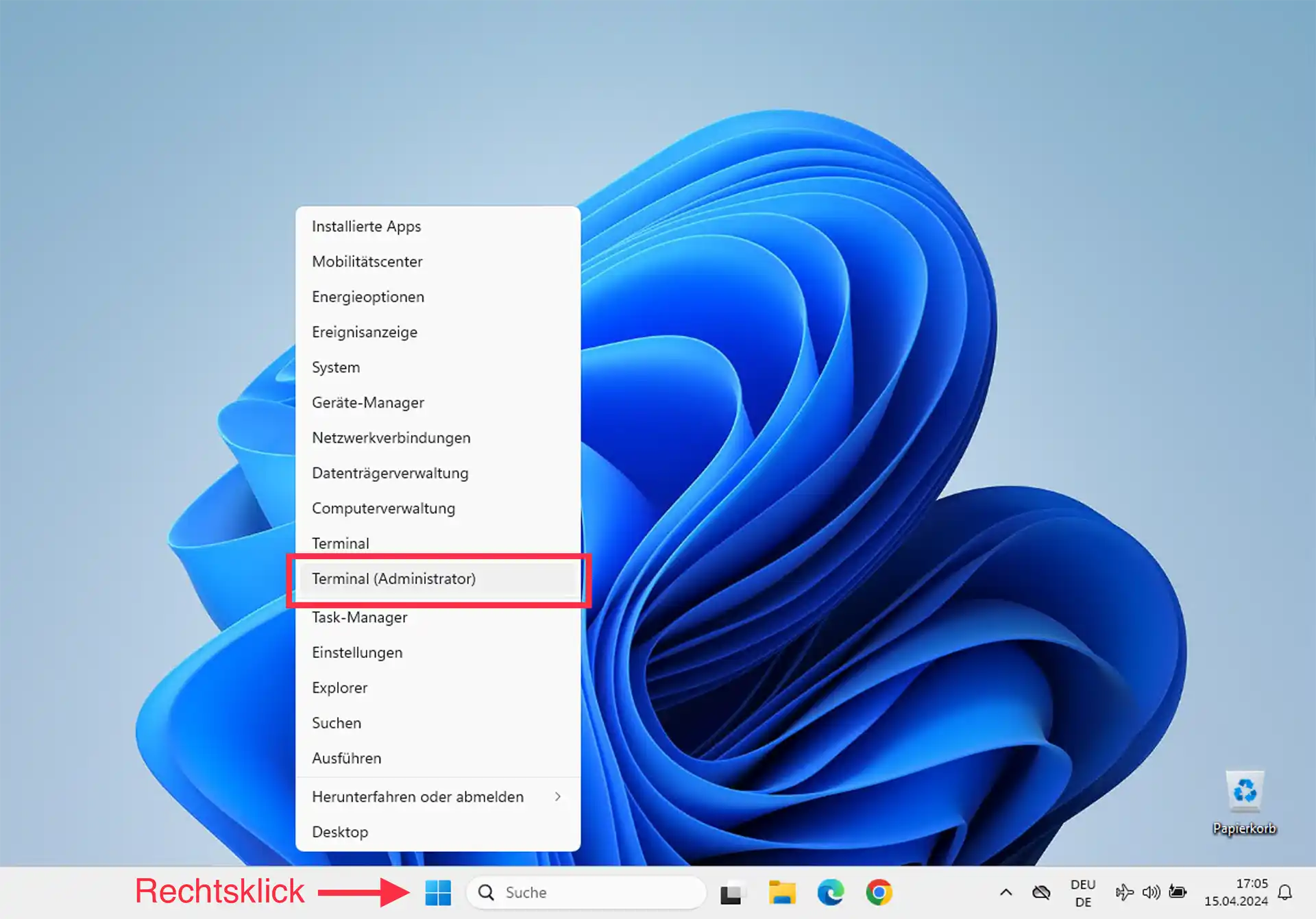 Klicke rechts auf das Windows-Logo in der Taskleiste und wähle Terminal (Administrator). In manchen Konfigurationen und bei Windows 10 heisst dieser Menüpunkt PowerShell (Administrator).